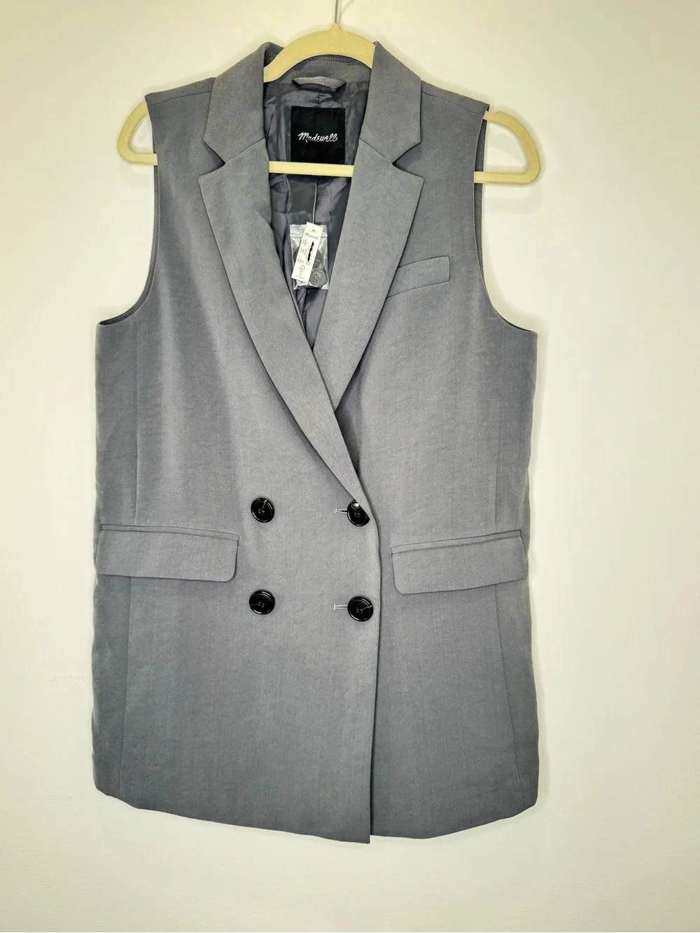 NWT ✨ Madewell Oversized Double-Breasted Crepe Sleeveless Blazer in Gray $198